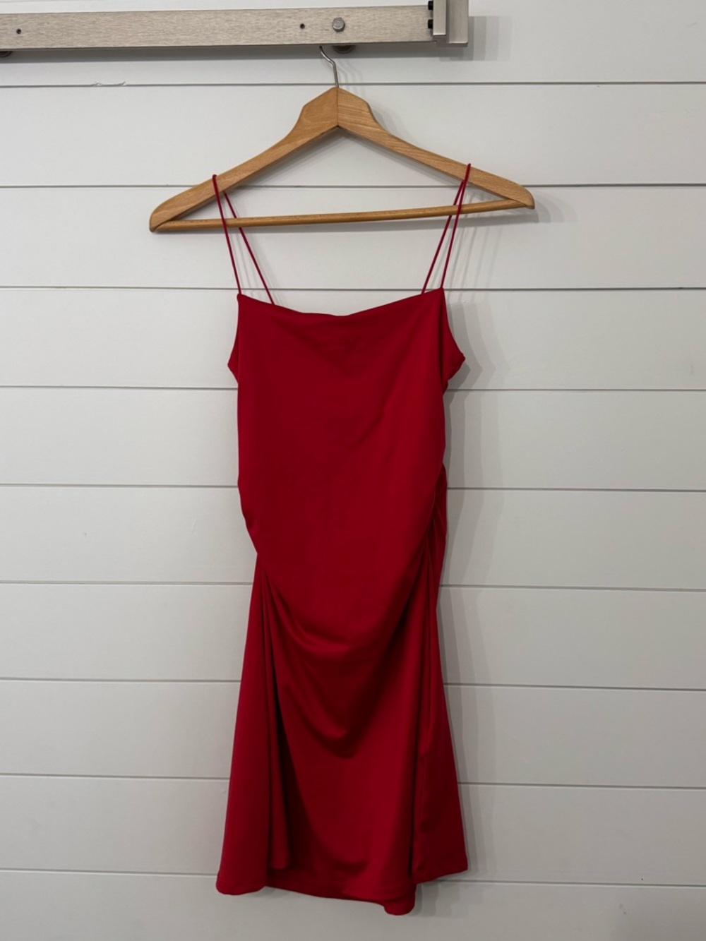 Divided Red Satin Mini Slip Dress with Drape